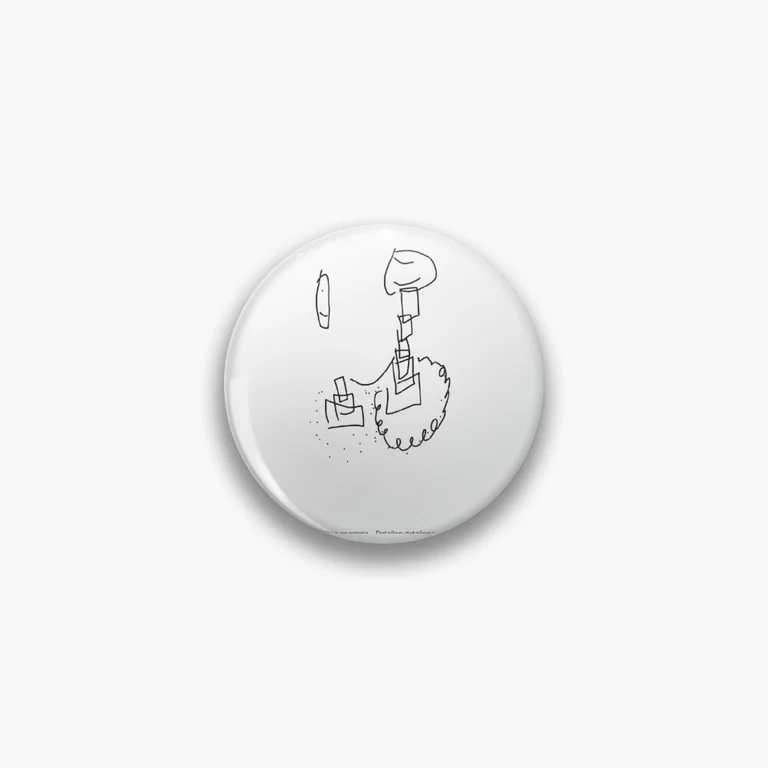 A circular white pin showing a small line drawing