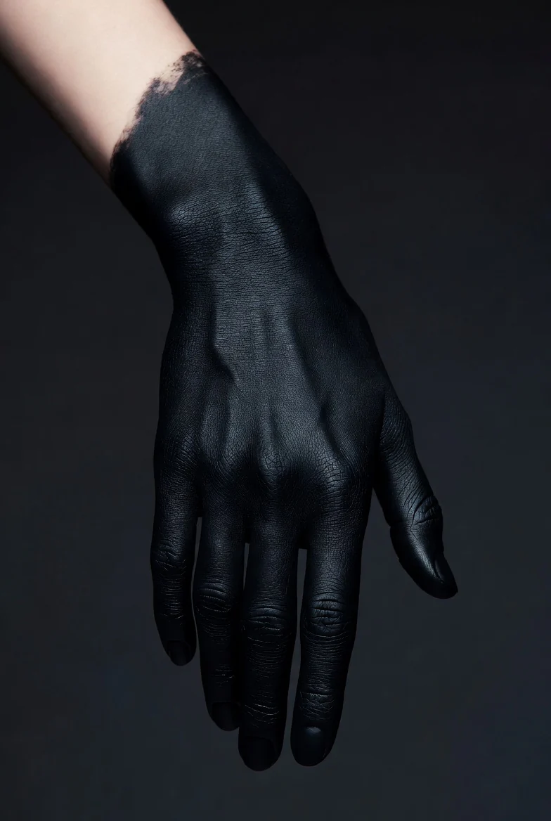 A black-gloved hand against a dark background