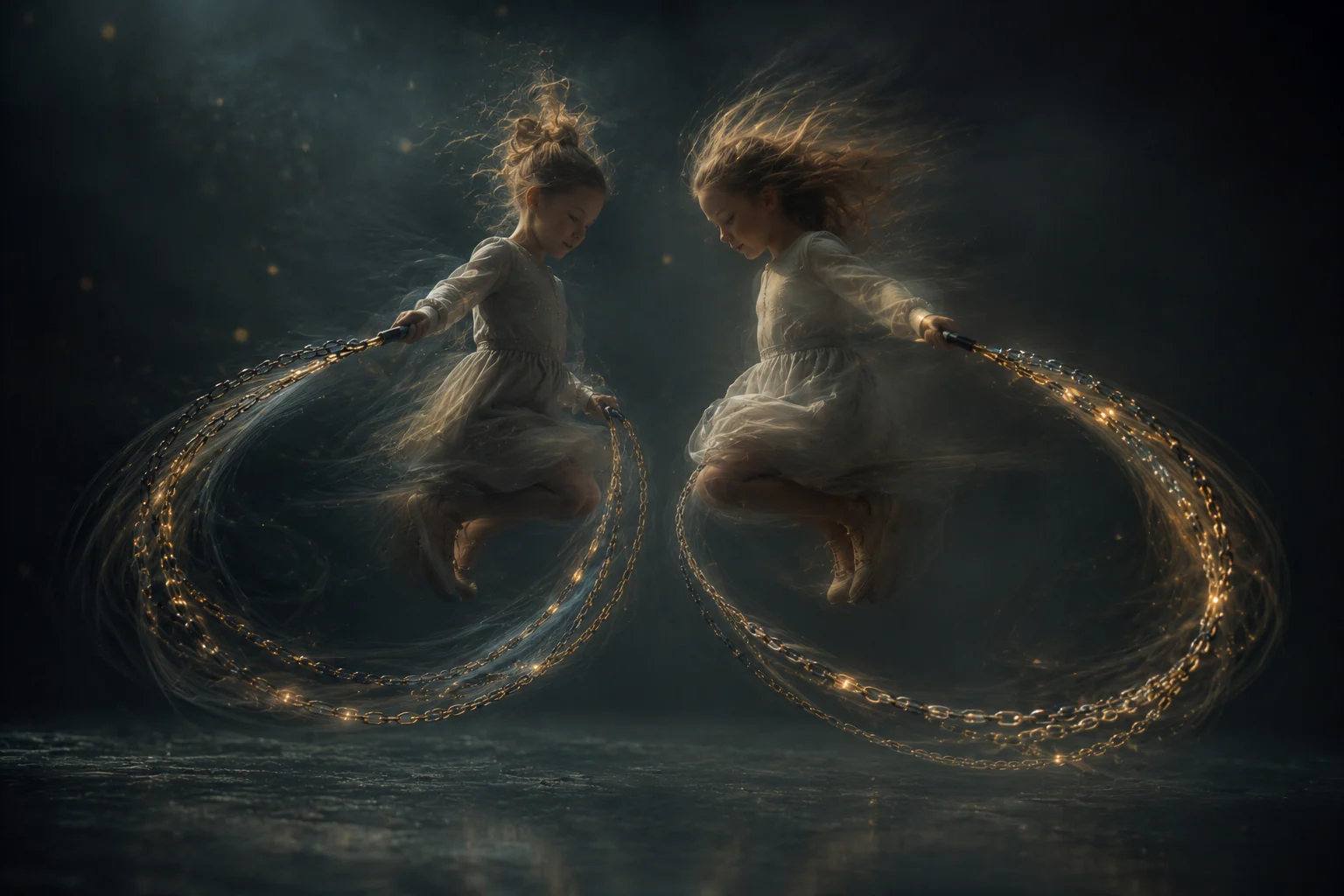 Two figures face one another in a dark, luminous scene