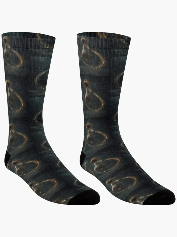 A pair of dark patterned socks shown upright