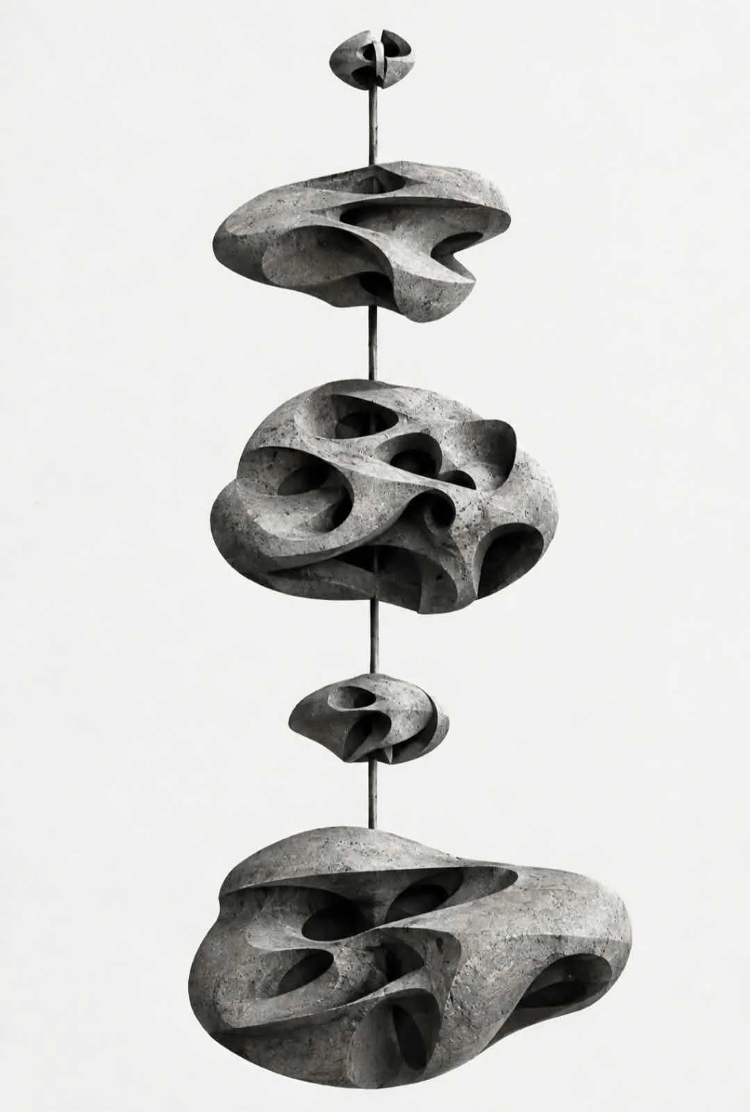 A vertical stack of carved, porous stone forms
